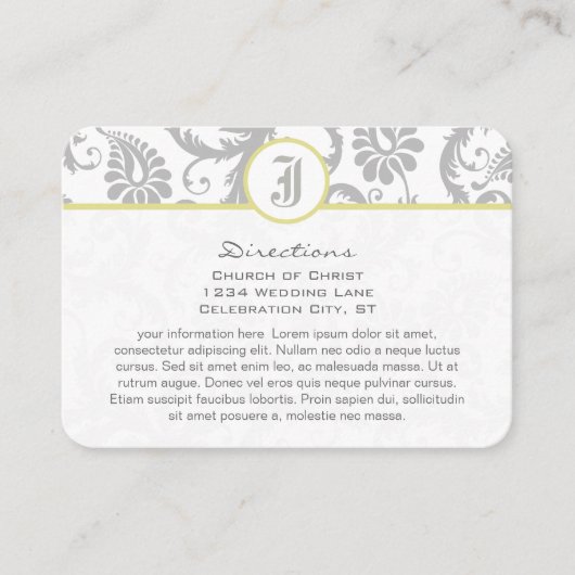 黄色と明るい灰色のダマスクの結婚式の情報カード エンクロージャーカード (正面)