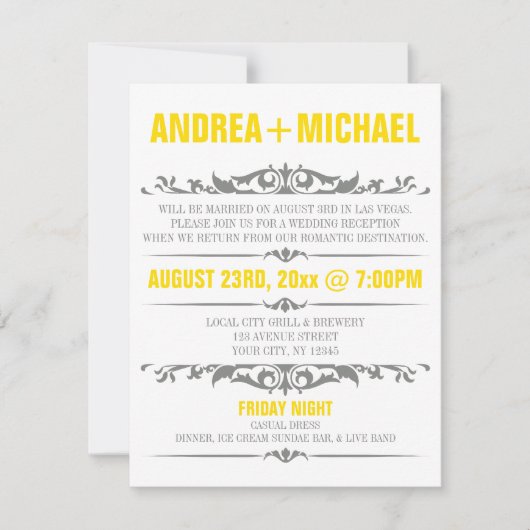 黄色と灰色のウェディングレセプションのみの招待状 招待状 (正面)