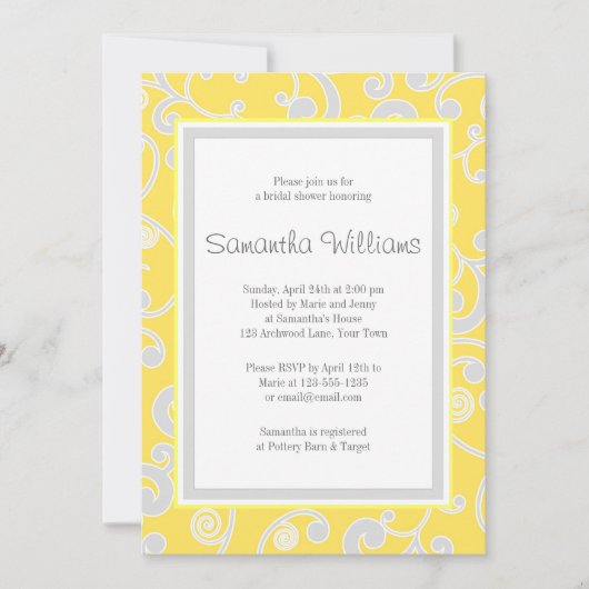 黄色と灰色のスクロールブライダルシャワー 招待状 (正面)
