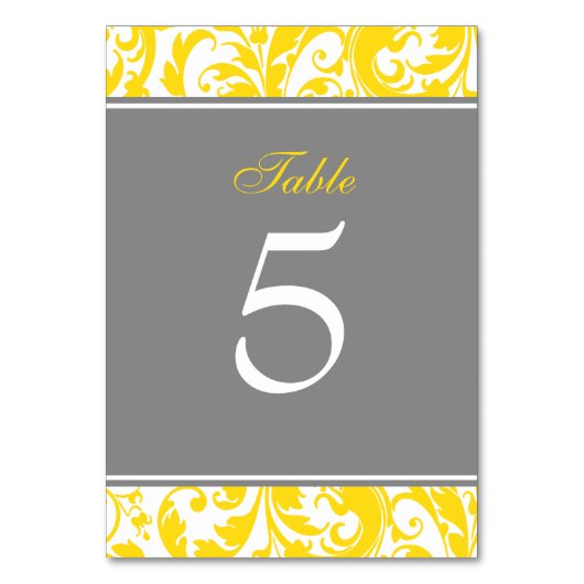 黄色と灰色のダマスクの渦巻結婚き テーブルナンバー (裏面)