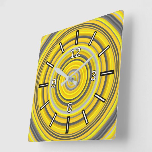 黄色と灰色のネストされた円パターンの四角時計 スクエア壁時計 (傾斜)