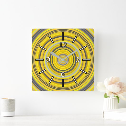 黄色と灰色のネストされた円パターンの四角時計 スクエア壁時計 (ホーム)