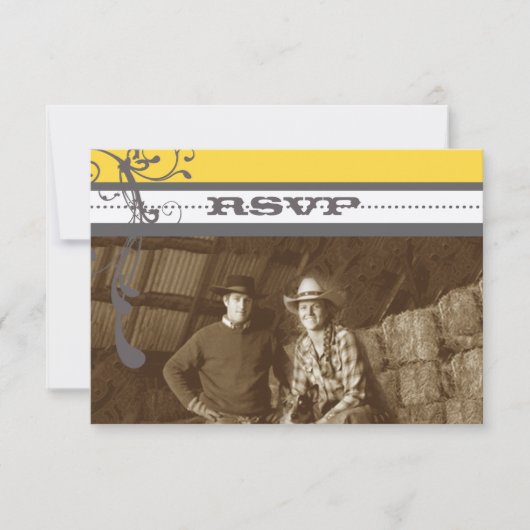 黄色と灰色のファンキー渦巻き旋回の結婚式RSVP 出欠カード (正面)