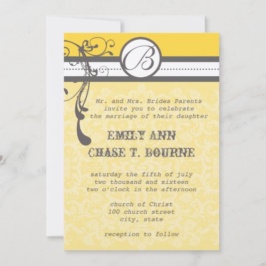 黄色と灰色のファンキー渦巻き結婚式日付を保存 セーブザデート (裏面)