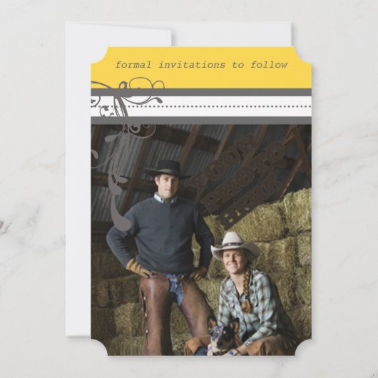 黄色と灰色のファンキー渦巻き結婚式日付を保存 セーブザデート (裏面)