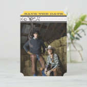 黄色と灰色のファンキー渦巻き結婚式日付を保存 セーブザデート (スタンド正面)