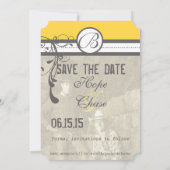 黄色と灰色のファンキー渦巻き結婚式日付を保存 セーブザデート (裏面)