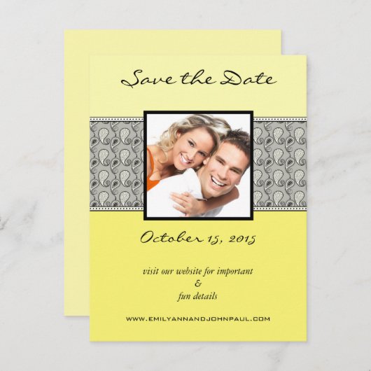 黄色と灰色のペイズリー写真の日付を保存 案内ポストカード (正面/裏面)