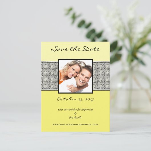 黄色と灰色のペイズリー写真の日付を保存 案内ポストカード (スタンド正面)