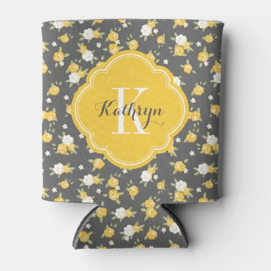 黄色と灰色のヴィンテージフローラモノグラム 缶クーラー (正面)