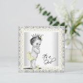 黄色と灰色のヴィンテージベビーガールシャワー 招待状 (スタンド正面)