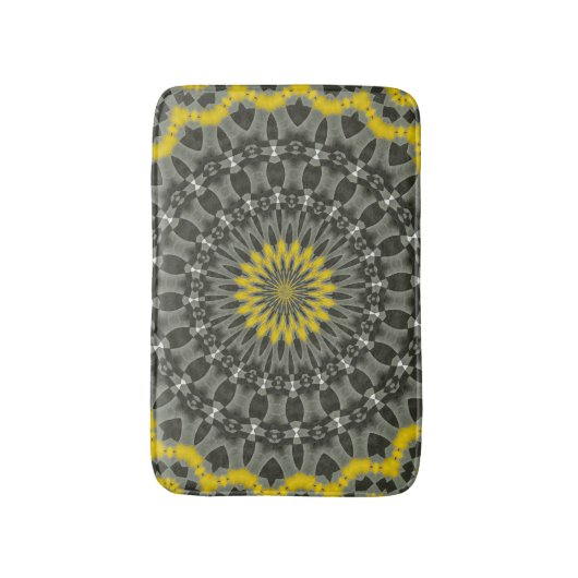 黄色と灰色の万華鏡のように千変万化するパターン曼荼羅を照らす バスマット (正面縦)