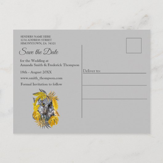 黄色と灰色の植物のおもしろいで表葉現する 案内ポストカード (裏面)