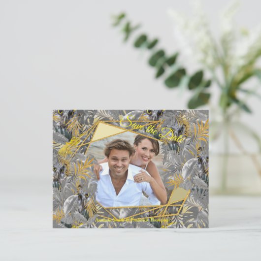 黄色と灰色の植物のおもしろいで表葉現する 案内ポストカード (スタンド正面)