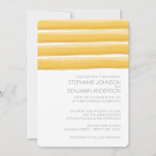 黄色と灰色の水の色ストライプの結婚 招待状 (正面)