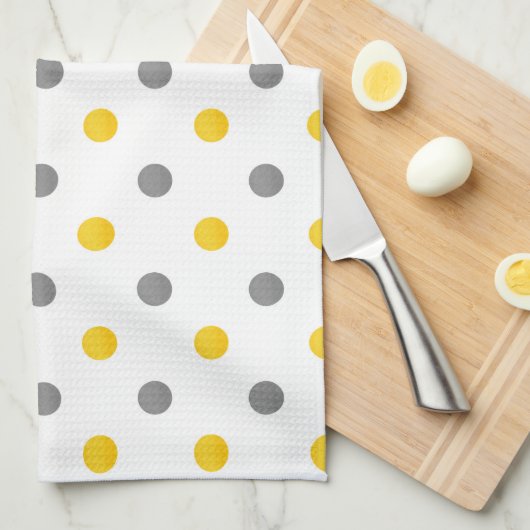 黄色と灰色の水カラー水玉模様 キッチンタオル (四つ折り)