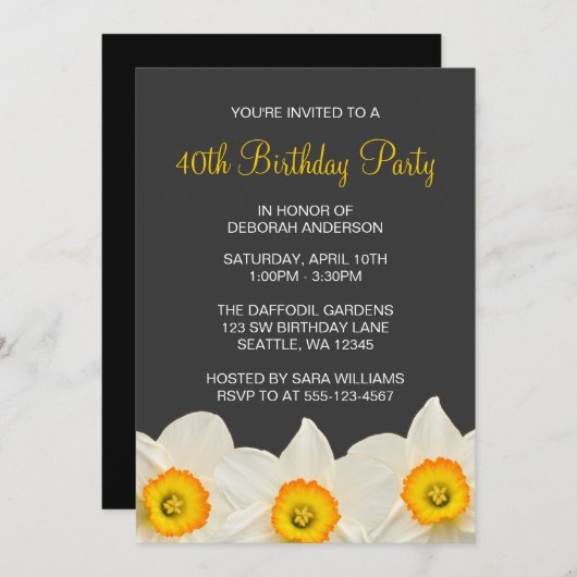 黄色と灰色の水仙（ひょう）の花の誕生パーティー 招待状 (正面/裏面)
