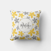 黄色と灰色の水彩花のパターン クッション (正面)