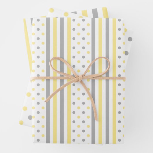黄色と灰色の水玉模様とストライプかわいい明るい ラッピングペーパーシート (インサイチュ)