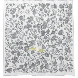 黄色と灰色の白いフローラの鳥のパターン シャワーカーテン