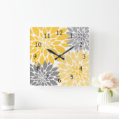 黄色と灰色の菊の花柄 スクエア壁時計 (ホーム)