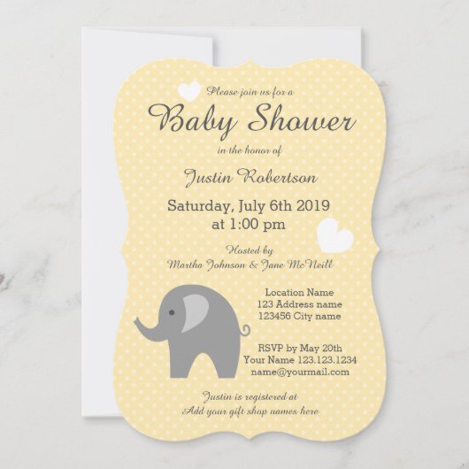 黄色と灰色の象のベビーシャワー招待状 招待状 (正面)