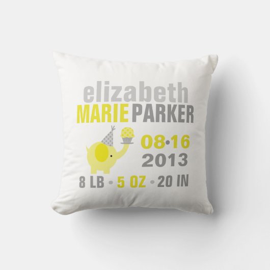 黄色と灰色の象の誕生のお知らせ クッション (正面)