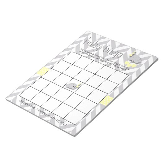 黄色と灰色の象の赤ちゃんシャワービンゴゲーム ノートパッド (アングル)