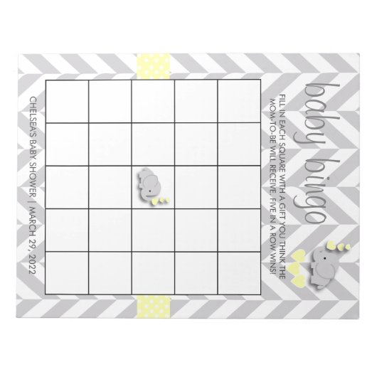 黄色と灰色の象の赤ちゃんシャワービンゴゲーム ノートパッド (正面)