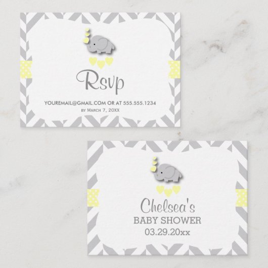 黄色と灰色の象の赤ちゃんシャワー – RSVP エンクロージャーカード (正面/裏面)