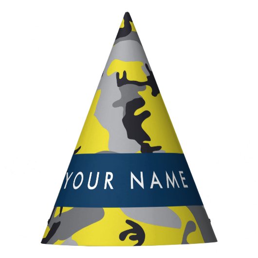黄色と灰色の迷彩自分の名前をパーソナライズ パーティーハット (正面)