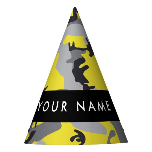 黄色と灰色の迷彩自分の名前をパーソナライズ パーティーハット (正面)