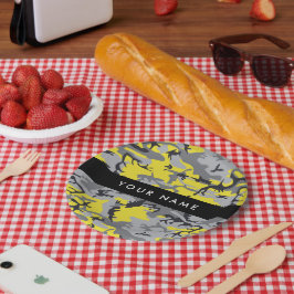 黄色と灰色の迷彩自分の名前をパーソナライズ ペーパープレート