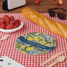 黄色と灰色の迷彩自分の名前をパーソナライズ ペーパープレート