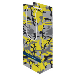 黄色と灰色の迷彩自分の名前をパーソナライズ ワインギフトバッグ