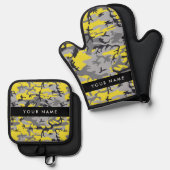 黄色と灰色の迷彩自分の名前をパーソナライズ 鍋つかみ&鍋敷きセット (正面/裏面)