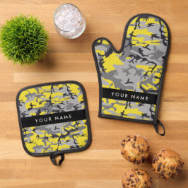 黄色と灰色の迷彩自分の名前をパーソナライズ 鍋つかみ&鍋敷きセット