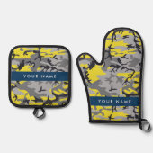 黄色と灰色の迷彩自分の名前をパーソナライズ 鍋つかみ&鍋敷きセット (正面)