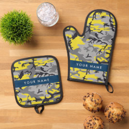黄色と灰色の迷彩自分の名前をパーソナライズ 鍋つかみ&鍋敷きセット