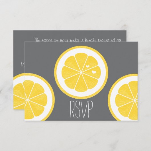 黄色と灰色のLEMOMをテーマにしたRSVP応答カード 出欠カード (正面/裏面)