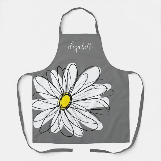 黄色と白のお洒落デイジーとカスタム文字 エプロン (正面)