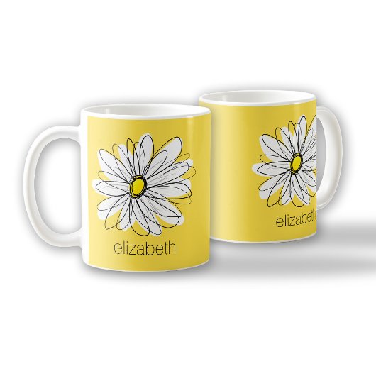 黄色と白のお洒落デイジーとカスタム文字 コーヒーマグカップ