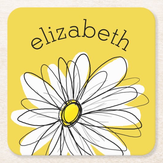 黄色と白のお洒落デイジーとカスタム文字 スクエアペーパーコースター (正面)