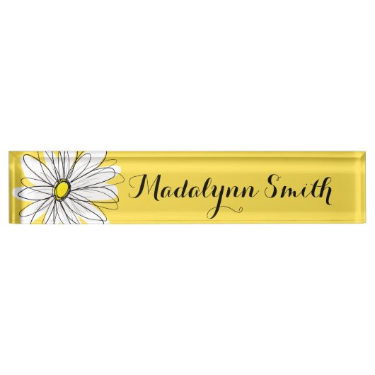 黄色と白のお洒落デイジーとカスタム文字 デスクネームプレート (正面)