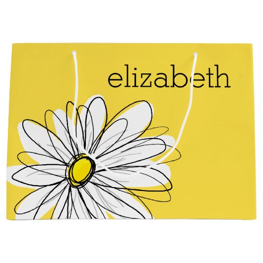 黄色と白のお洒落デイジーとカスタム文字 ラージペーパーバッグ (正面)