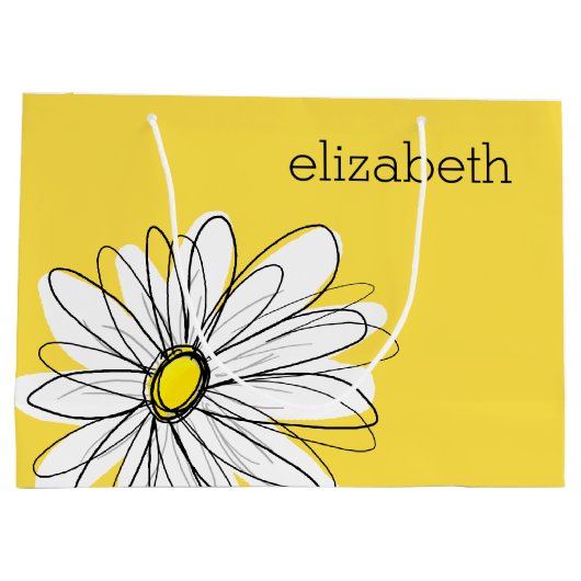黄色と白のお洒落デイジーとカスタム文字 ラージペーパーバッグ (裏面)
