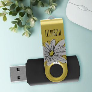 黄色と白のお洒落デイジーとカスタム文字 USBフラッシュドライブ
