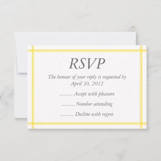 黄色と白のイベントの返信、RSVP、または応答カード 出欠カード (正面)