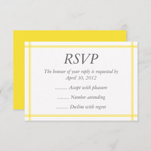 黄色と白のイベントの返信、RSVP、または応答カード 出欠カード (正面/裏面)