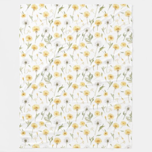 黄色と白のタンポポの花 フリースブランケット (正面)